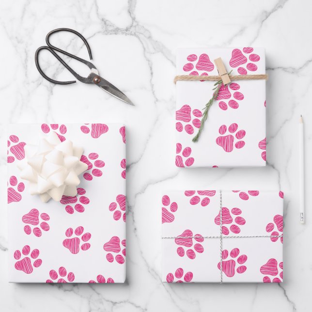 Doodle Paws, Dog Paws, Pink Paws Wrapping Paper Sheets (Front)