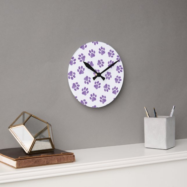 Doodle Paws, Dog Paws, Purple Paws Round Clock (Office)