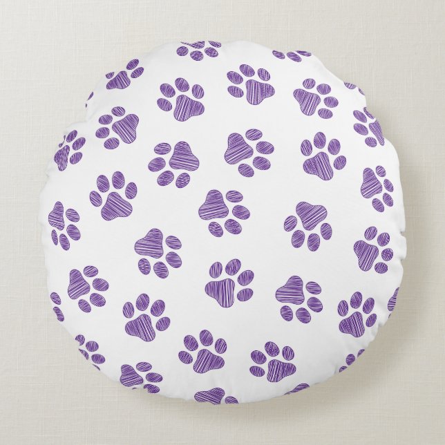 Doodle Paws, Dog Paws, Purple Paws Round Pillow (Front)