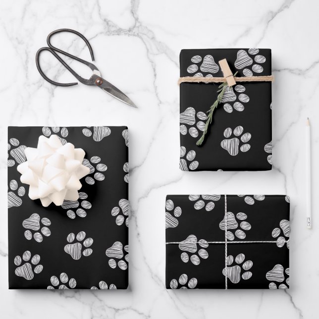 Doodle Paws, Dog Paws, White Paws Wrapping Paper Sheets (Front)