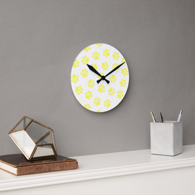 Doodle Paws, Dog Paws, Yellow Paws Round Clock (Office)