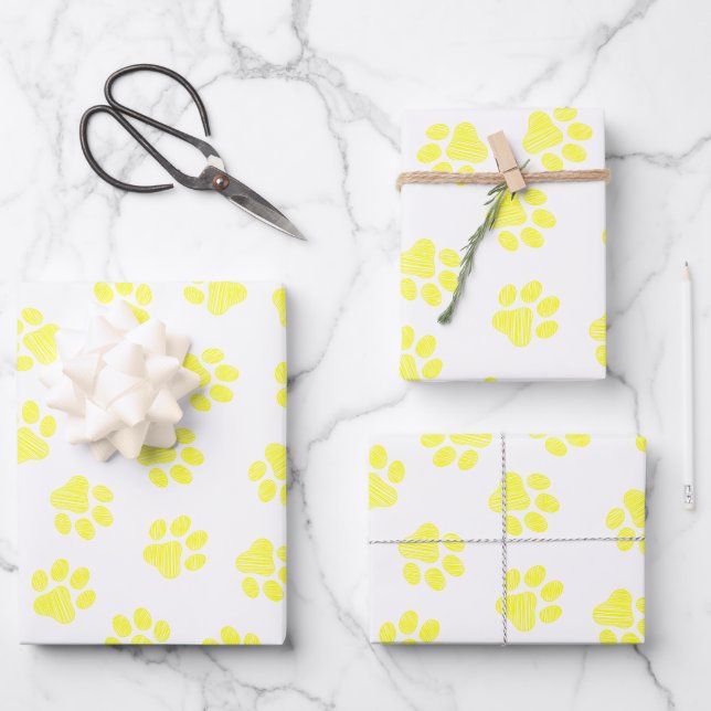 Doodle Paws, Dog Paws, Yellow Paws Wrapping Paper Sheets (Front)