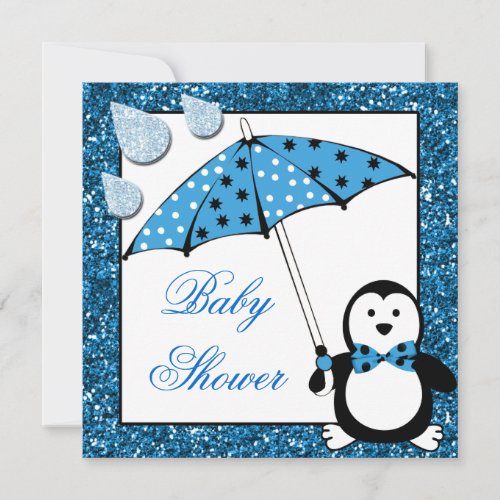Doodle Penguin Boy Baby Shower Announcement