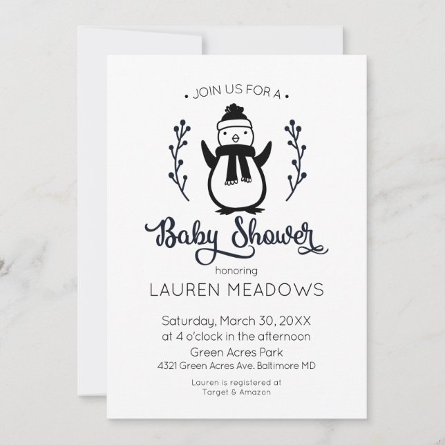 Doodle Penguin Winter Baby Shower Invitation (Front)