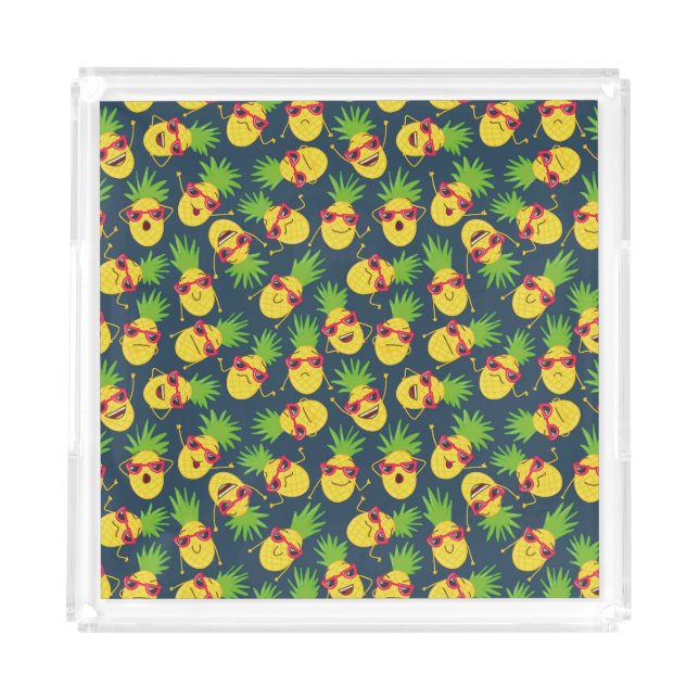 Doodle pineapples, hand drawn, summer pattern. acrylic tray (Front)