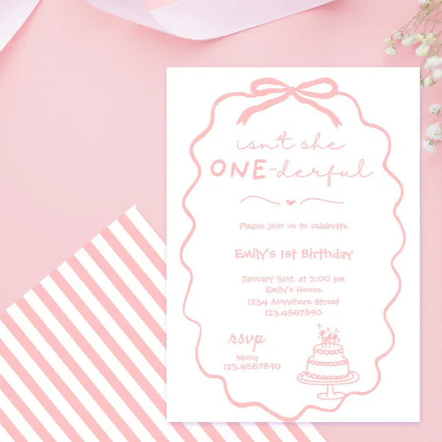 Doodle Pink Bow Baby Girl 1st Birthday Coquette Invitation | Zazzle