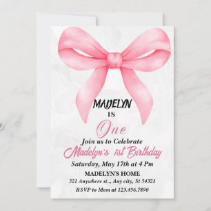 Doodle Pink Bow Baby Girl 1st Birthday Invitation