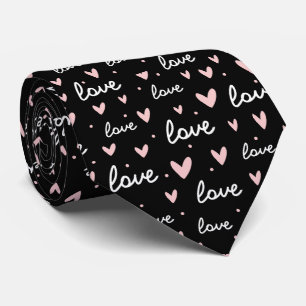 Doodle pink heart love pattern black background neck tie