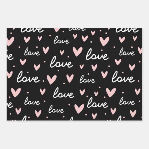 Doodle pink heart love pattern black background wrapping paper sheets