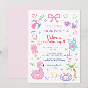 Doodle Pool Party Pink Girl Tween Teen Birthday Invitation