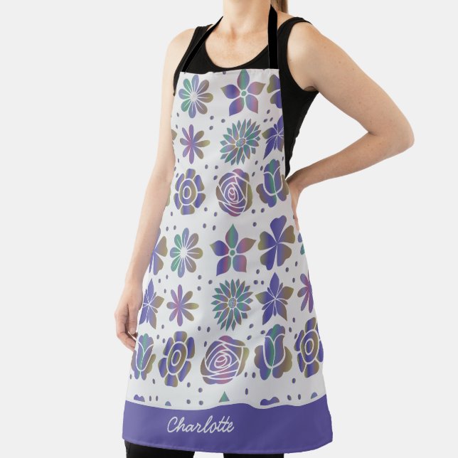 Doodle purple floral pattern personalized name apron (Insitu)