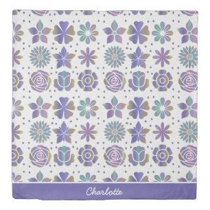 Doodle purple floral pattern personalized name duvet cover