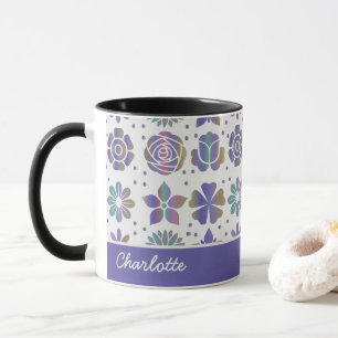 Doodle purple floral pattern personalized name  mug