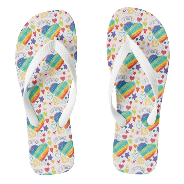 Doodle Rainbow Heart Pattern Flip Flops (Footbed)
