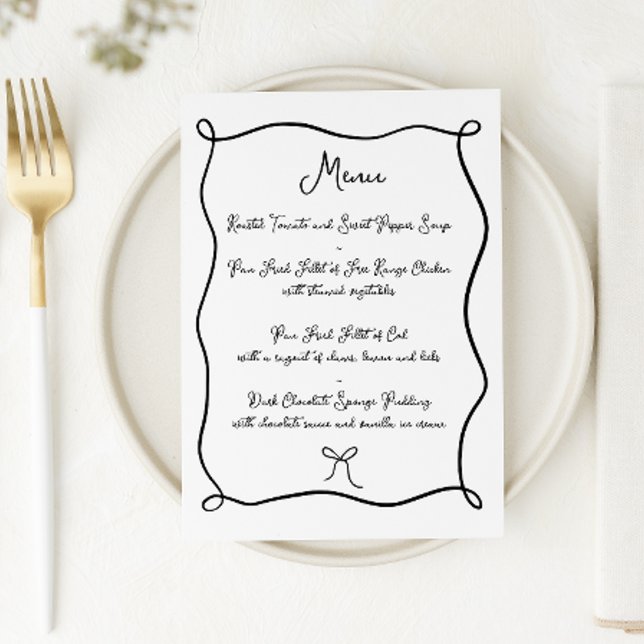Doodle Ribbon & Bow Black & White Wedding Menu (Creator Uploaded)