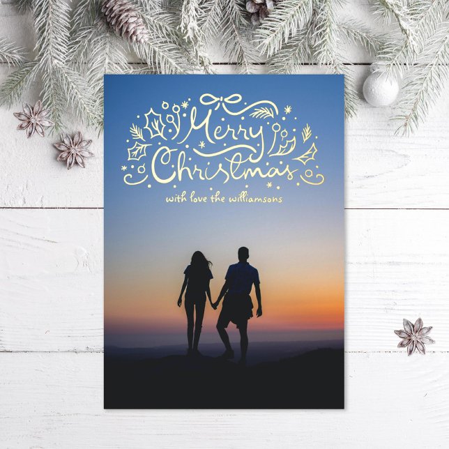 Doodle Ribbon Merry Christmas Festive Photo Foil Holiday Card (Creator Uploaded)