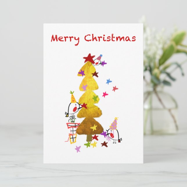 Doodle Robins Golden Tree Christmas Card (Standing Front)