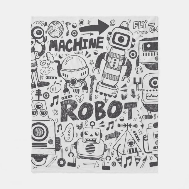 doodle robot element, illustrator line tools drawi fleece blanket (Front)