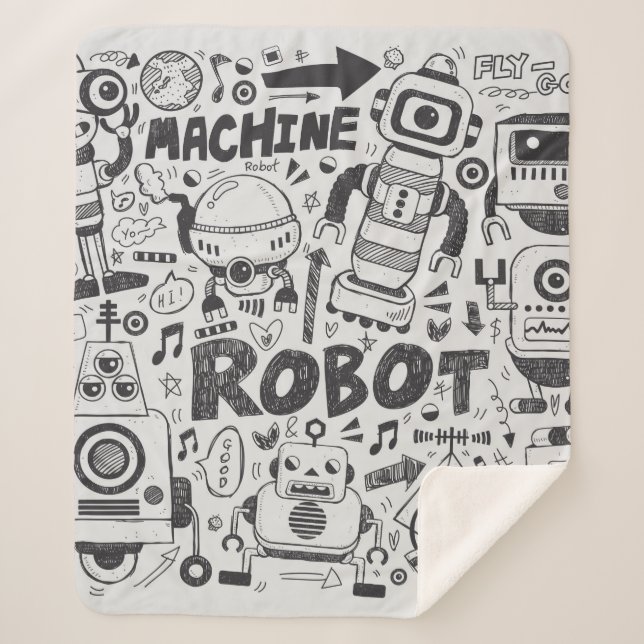 doodle robot element, illustrator line tools drawi sherpa blanket (Front)