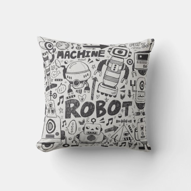 doodle robot element, illustrator line tools drawi throw pillow (Front)