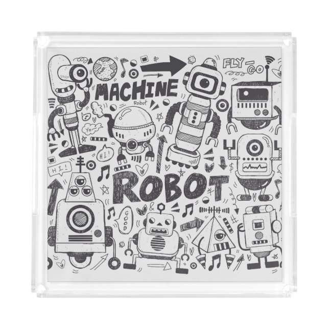 Doodle Robot Illustrator Drawing Acrylic Tray (Front)