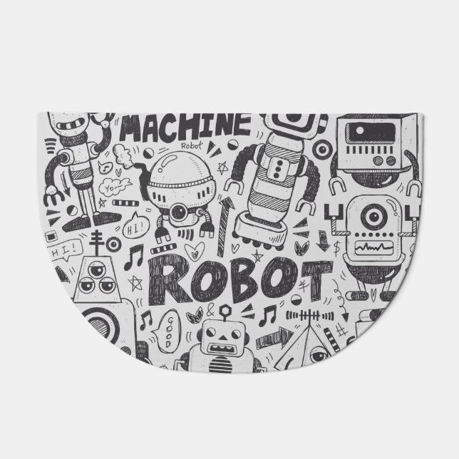 Doodle Robot Illustrator Drawing Doormat (Front)