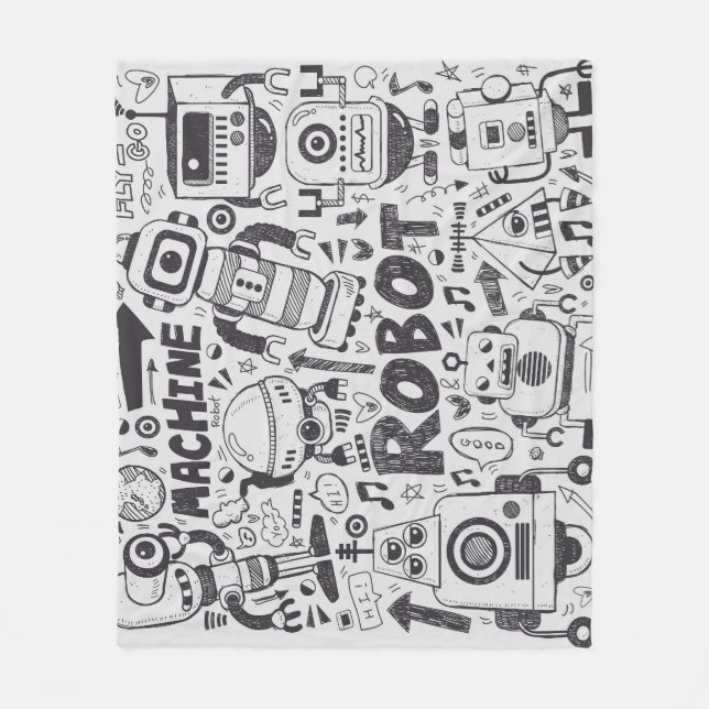 Doodle Robot Illustrator Drawing Fleece Blanket (Front)
