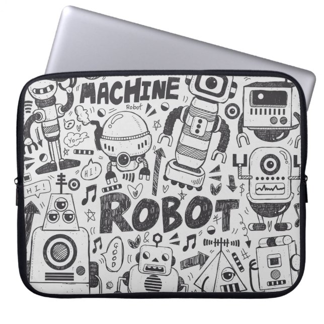 Doodle Robot Illustrator Drawing Laptop Sleeve (Front)