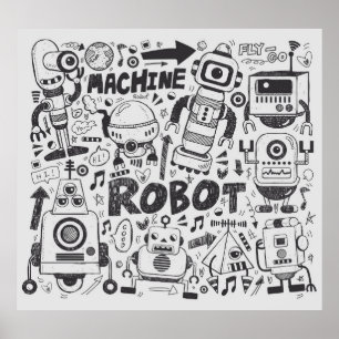 Doodle Robot Illustrator Drawing Poster