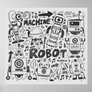 Doodle Robot Illustrator Drawing Poster