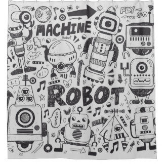Doodle Robot Illustrator Drawing Shower Curtain