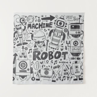 Doodle Robot Illustrator Drawing Tapestry