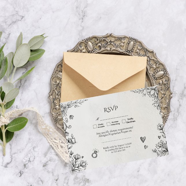 Doodle Romantic Rustic Hand Drawn Wedding RSVP Card (Creator Uploaded)