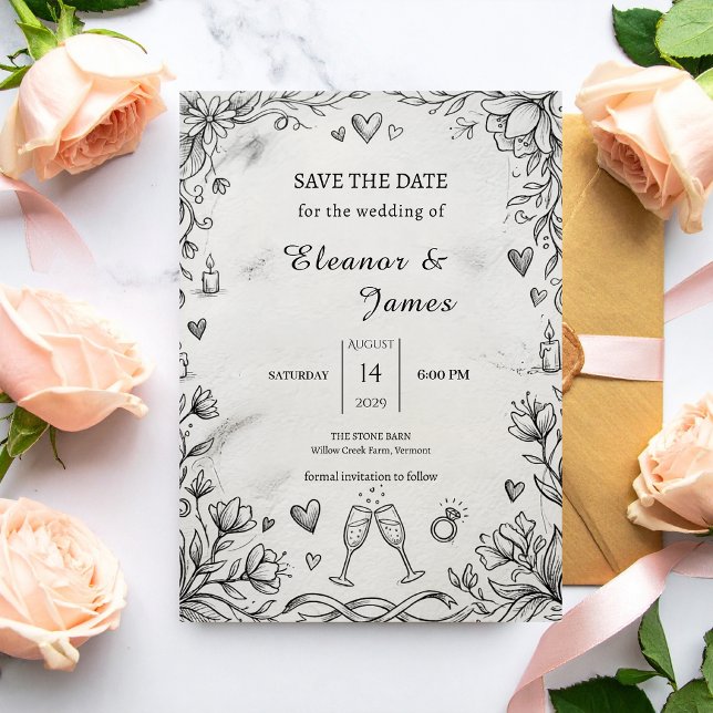 Doodle Romantic Rustic Hand Drawn Wedding Save The Date (Creator Uploaded)