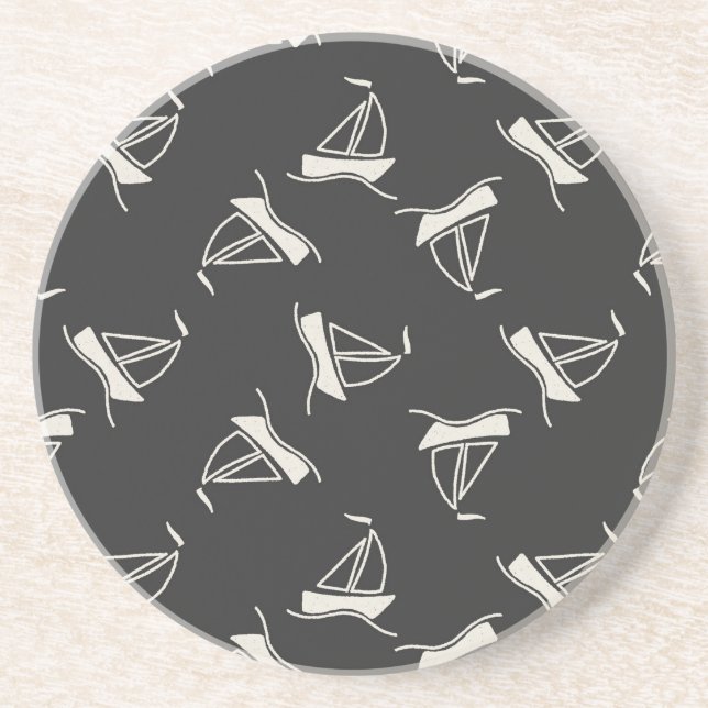 Doodle Sailboat Pattern Sandstone Coaster (Front)