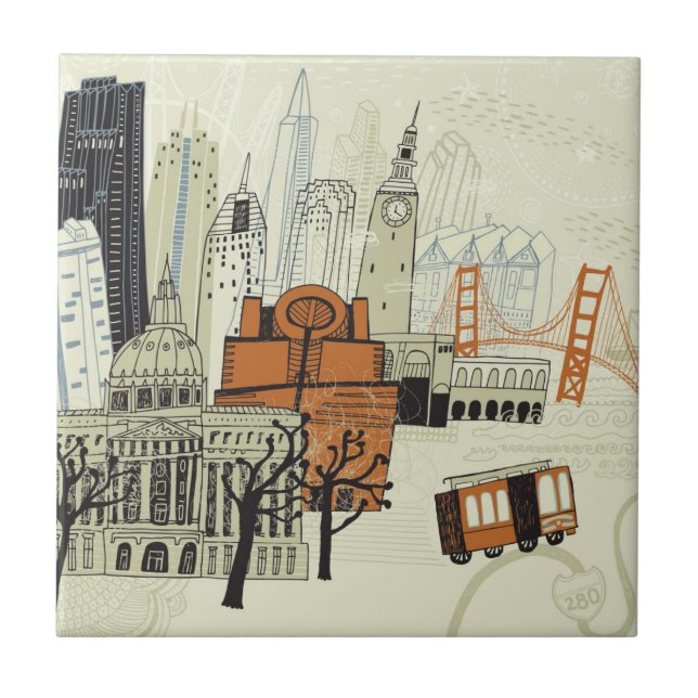 Doodle San Francisco Scene Ceramic Tile (Front)