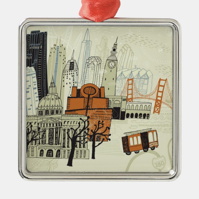 Doodle San Francisco Scene Metal Ornament (Front)