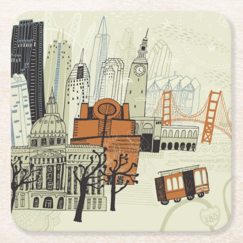 Doodle San Francisco Scene Square Paper Coaster