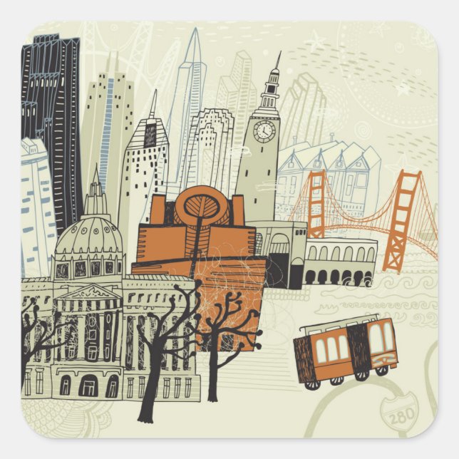 Doodle San Francisco Scene Square Sticker (Front)