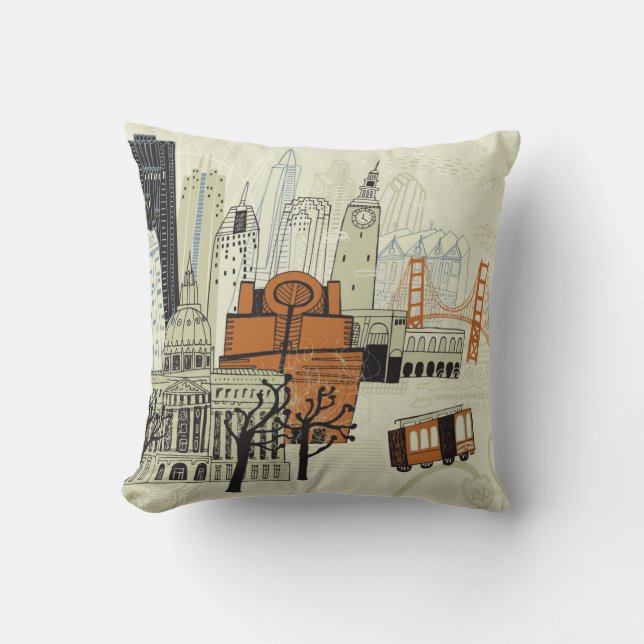 Doodle San Francisco Scene Throw Pillow (Front)