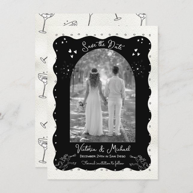 Doodle Sketch Cherub Funky Save the Date Arch Invitation (Front/Back)