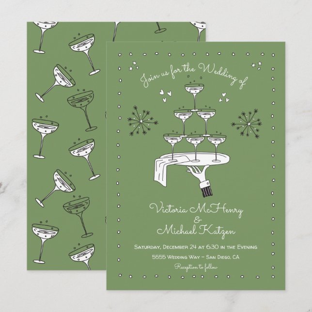 Doodle Sketch Funky Champagne Wedding Invitation (Front/Back)
