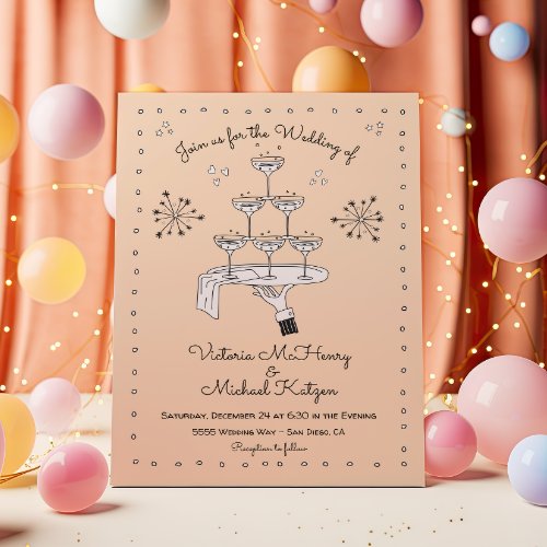 Doodle Sketch Funky Champagne Wedding Invitation