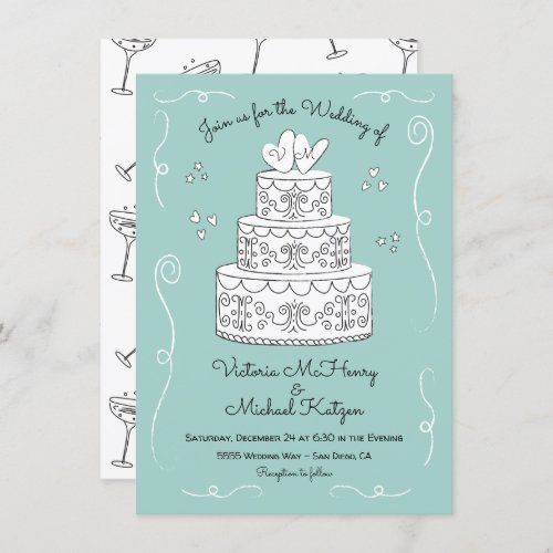Doodle Sketch Funky Wedding Cake Invitation