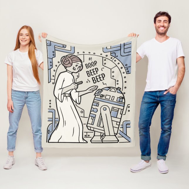 Doodle Sketch Leia & R2-D2 on Death Star Fleece Blanket (In Situ)