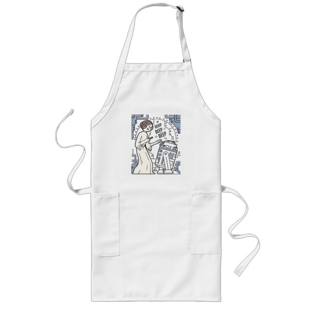 Doodle Sketch Leia & R2-D2 on Death Star Long Apron (Front)