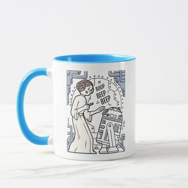 Doodle Sketch Leia & R2-D2 on Death Star Mug (Left)
