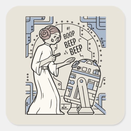 Doodle Sketch Leia  R2_D2 on Death Star Square Sticker