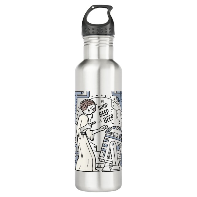 Doodle Sketch Leia & R2-D2 on Death Star Stainless Steel Water Bottle (Front)