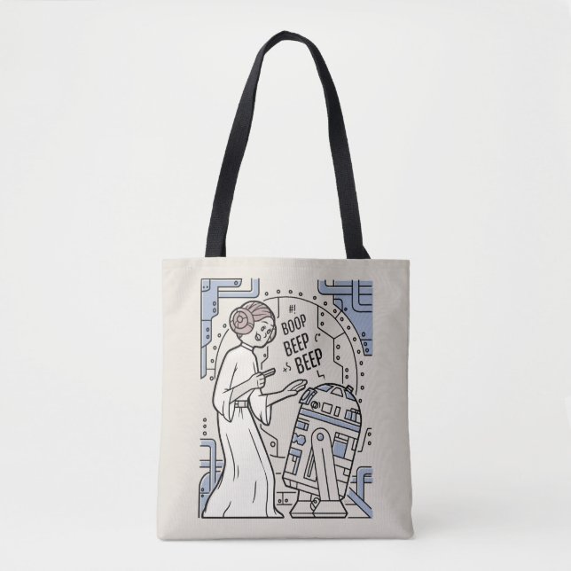 Doodle Sketch Leia & R2-D2 on Death Star Tote Bag (Front)